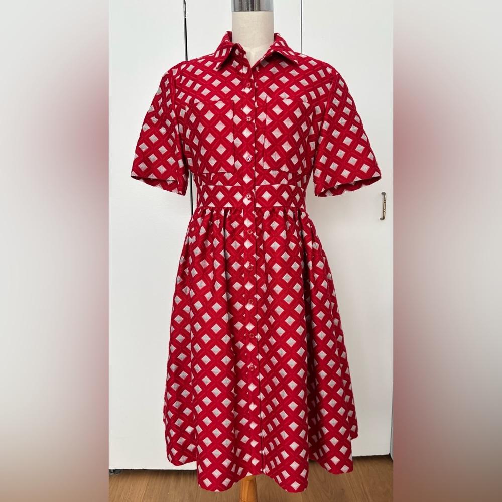Kate Spade Red and White Puff Sleeve Midi Dress